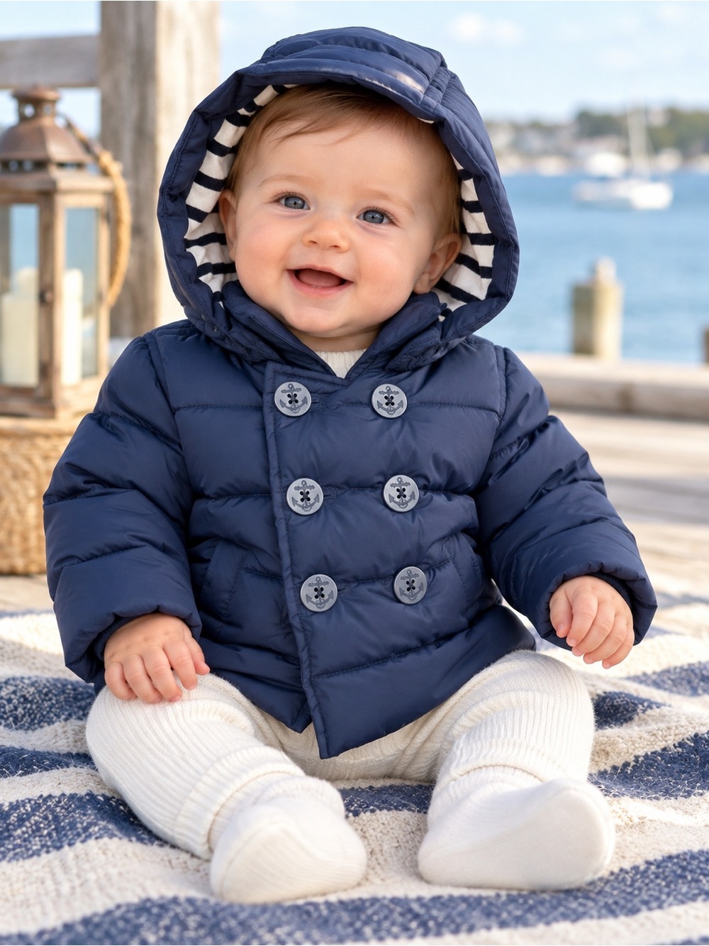Baby Gap 0-6M Navy Nautical Puffer Peacoat Anchor Buttons Removable Hood Sailor